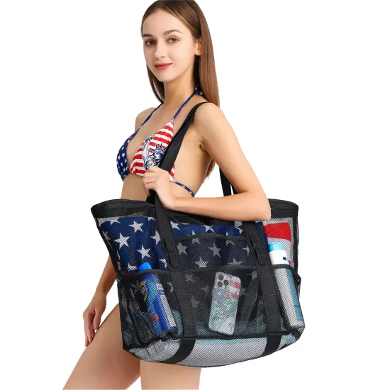 Lightweight Mesh Beach Tote Bag With Zipper Pockets