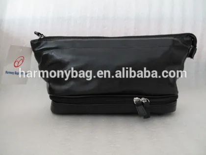 Men small black genuine leather pouch toiletry bag