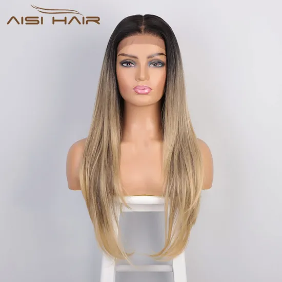 Aisi Hair Popular 26 Inch Long Silky Straight Wig Ombre Blonde Swiss Lace Wig Synthetic Hair Lace Front Wigs For Black Women