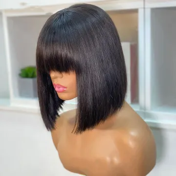 Bone Straight Human Hair Wig with Bangs - No Lace, Full Machine-Made Fringe