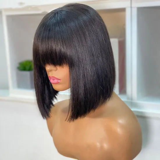Bone Straight Human Hair Wig with Bangs - No Lace, Full Machine-Made Fringe