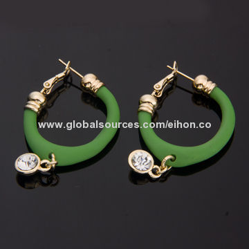 Gold Plating Earrings with Green Resin and Rhinestone, Various Colors Available