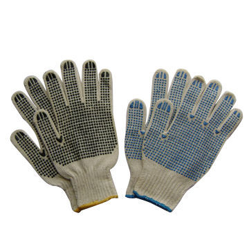 Working gloves, white cotton/polyester material with PVC dots both sides