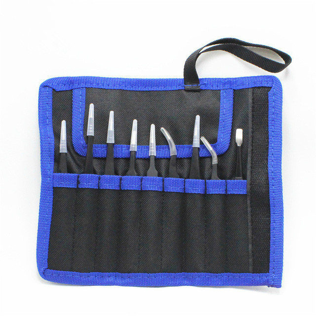 9-piece suit without flanges Stainless steel precision black ESD anti-static tweezers Tips Elbow disassemble tools Belt bag kit