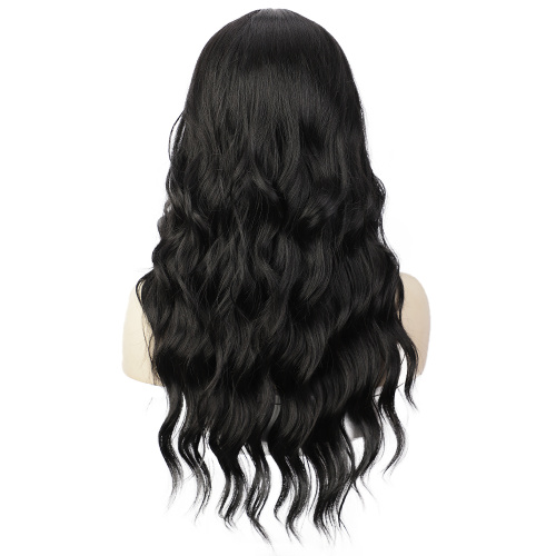 Synthetic Lace Front Wig Transparent Lace Front Wig Natural black Body Wavy Wigs with Bangs 150 Density Synthetic Lace Frontal Middle Part Wigs Factory