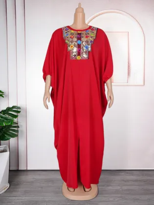 High Quality African Women's Loose Robe Dress with Chest Bead Patch - OEM
