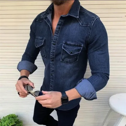 Men's Slim Fit Denim Jacket - Casual Long Sleeved Shirt Jacket