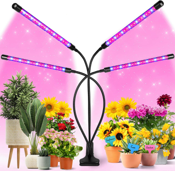 4 Heads Plant LED Grow Light with Full Spectrum, USB Remote Control, Clips, and Dimmable Timing