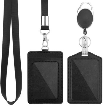 Soporte de tarjeta de insignia de ID de cuero PU vertical con cordón desmontable y carrete retráctil