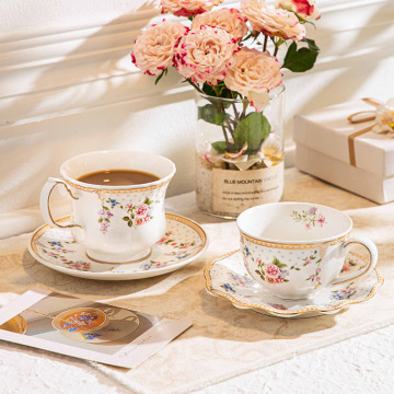 French Coffee Cup and Plate Set - Small Fragrant Style Gold Edged Ceramic Mug with Retro Floral Design