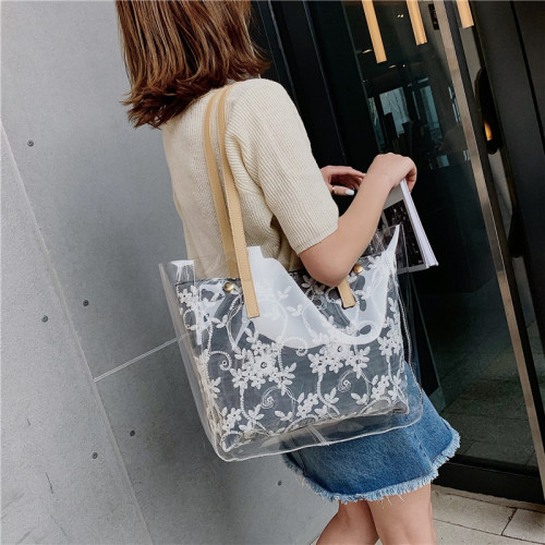 Beg Tote PVC Clear Tote beg bunga bordir