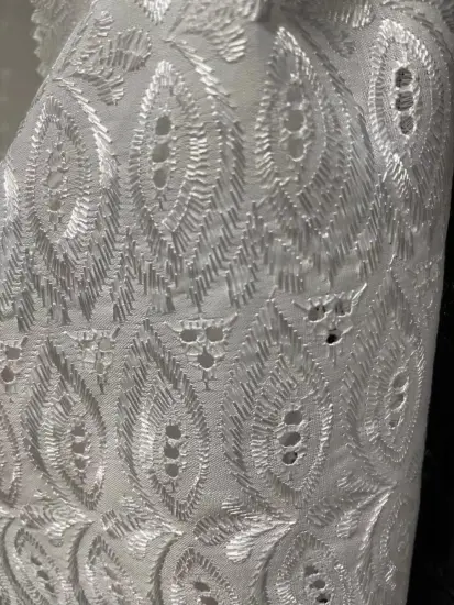 TC white bleached embroidery satin machined fabric