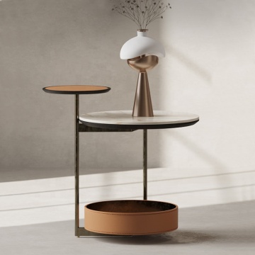 Round Stainless Steel Frame Saddle Leather Coffee Table for Modern Minimalist Living Rooms