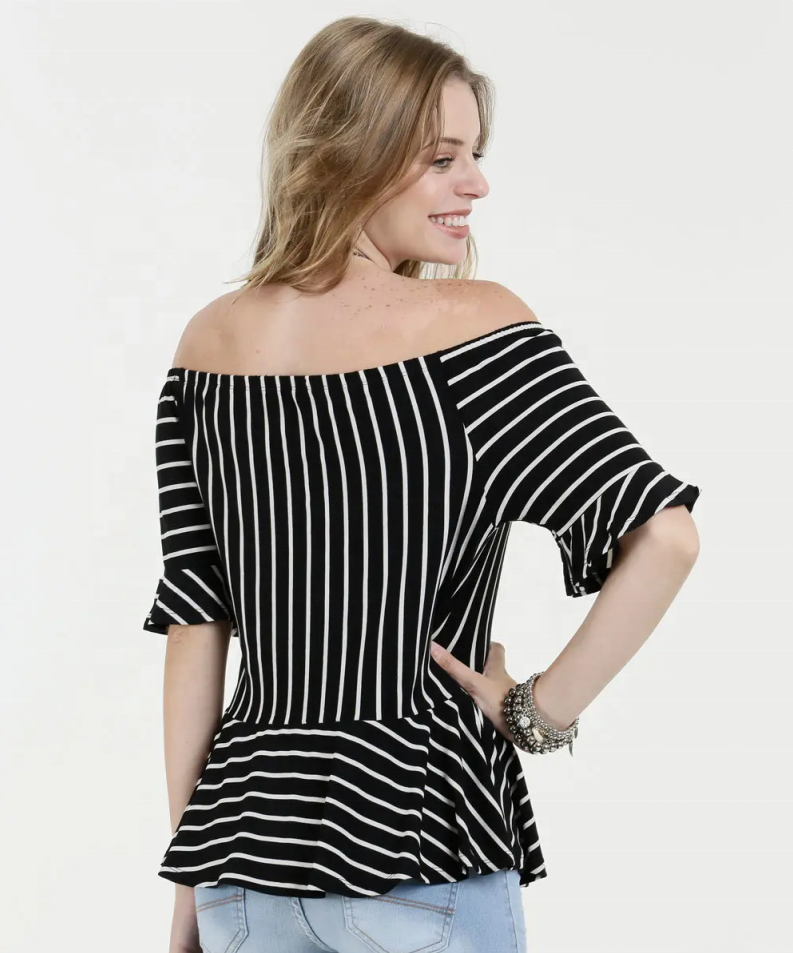 Women's Black and White Striped Off Shoulder Shirt