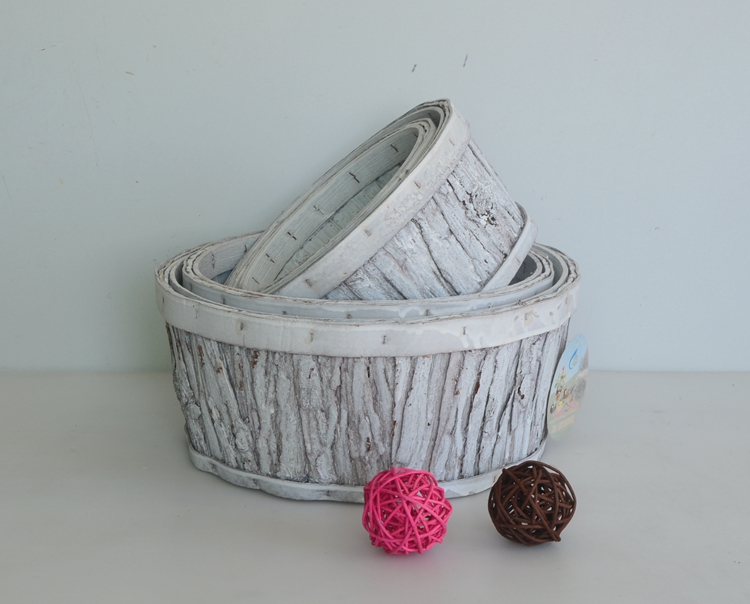 Round wash white wood bark handicarft flower basket