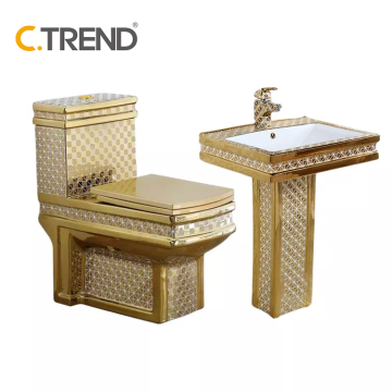 Luxury Gold Bathroom Set: Toilet Bowl, Basin, and WC Suite