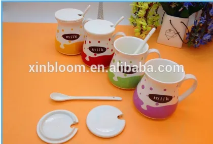 summer new simple lovely cartoon ceramic milk mug with porcelain spoon and lid