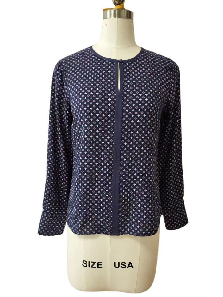 Navy Blue Print Front half-placket styling