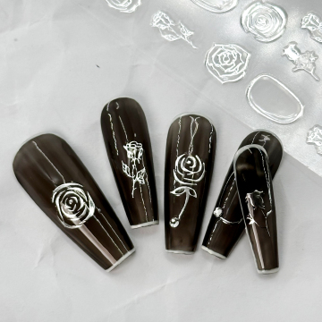 Silver and Gold Rose Nail Stickers - Custom 3D Flower Nail Decals