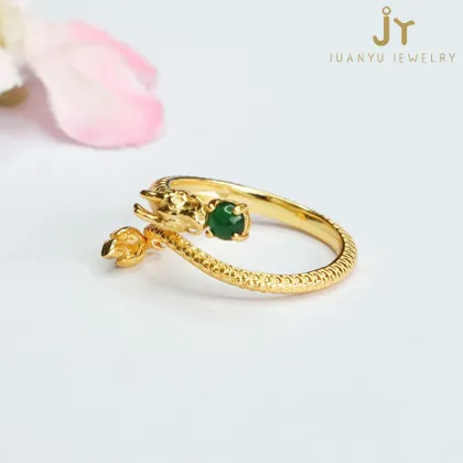 Chinese Zodiac Green Myanmar Jade Dragon Shape Rings in S925 Silver - Natural Jadeite Jewelry