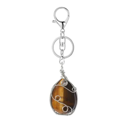 Yellow Tiger Eye Stone 25x35MM Teardrop Pendant (28X50MM) Wrapped Steel Wire Keychain