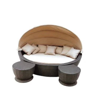 Round Sofa Bed with Footstool and Rattan Canopy Sunbed Furniture