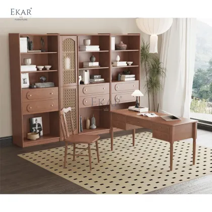 Cherry Wood Office Furniture Set: Desk and Chair with Bookcase