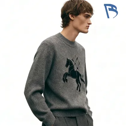 Starry Galloping Horse Flocked Beaded Crewneck Knit Sweater