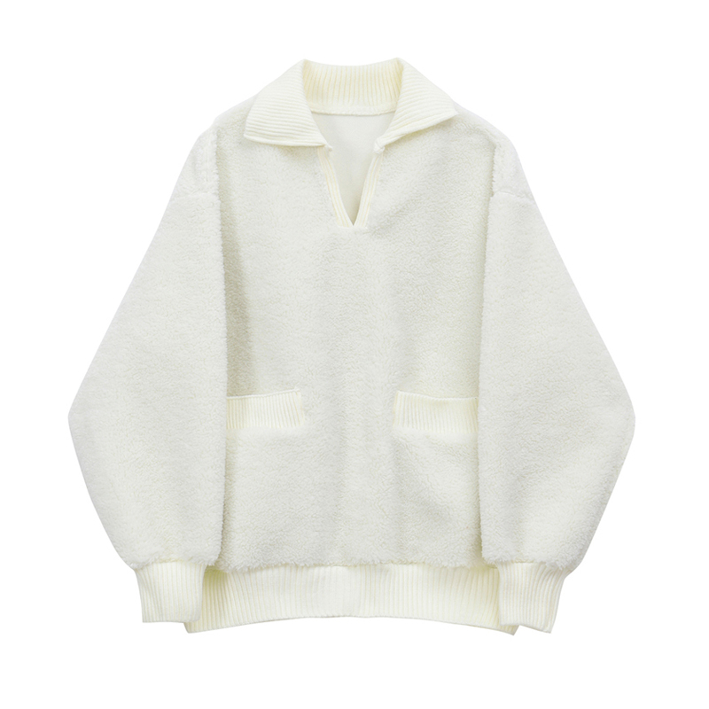 White Faux Fur Sheepskin Sweatshirt Women 2020 Winter Korean V-neck Long Sleeve Female Vintage Oversize Warm Pocket Hoodie Tops