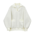 White Faux Fur Sheepskin Sweatshirt Women 2020 Winter Korean V-neck Long Sleeve Female Vintage Oversize Warm Pocket Hoodie Tops