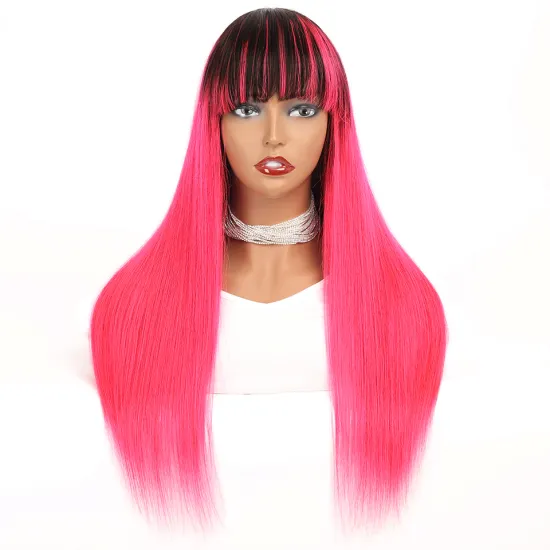 Raw Mink Virgin Cuticle Aligned Brazilian 100% Human Hair Full Machine Made Wigs Ombre 1b Pink Color None Lace Wigs with Bangs