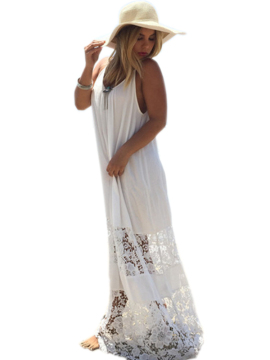 Summer Women Brief Solid White Spaghetti Strap Hollow Out Beachwear Long Dress