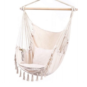 Hanging Cotton Rope Tassel Hammock Chair with 2 Seat Cushions for Indoor/Outdoor Use