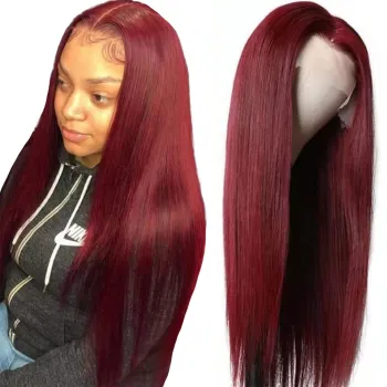 Glueless 99J Lace Front Wigs For Black Women Transparent Lace 100% Virgin Brazilian Human Hair Burgundy Red Colored Wig Vendors