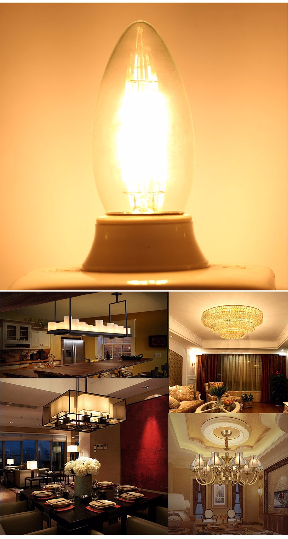 Glowing chandelier candle light bulbs