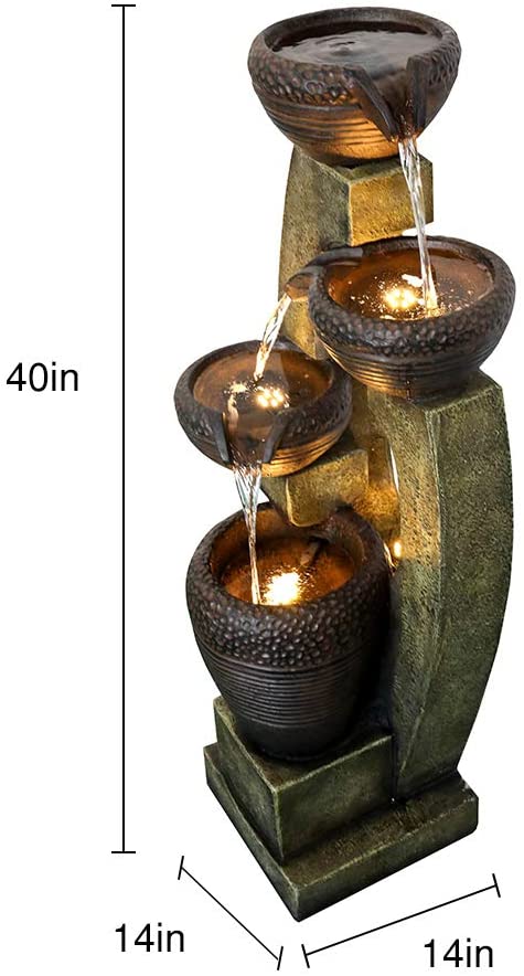 4 Crocks Fountains de jardin extérieur avec lumière LED