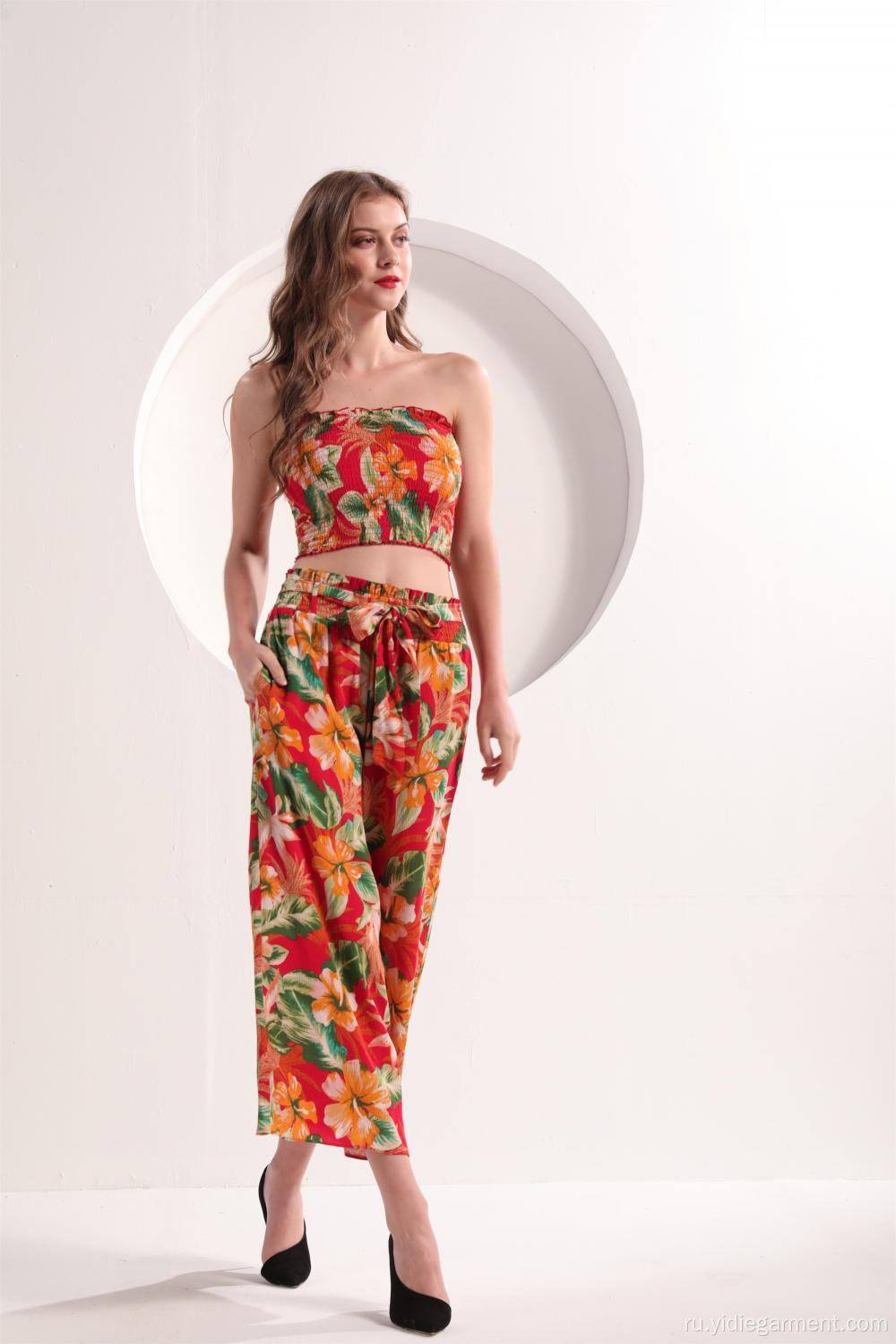 Женские брюки с высокой талией и цветочным принтом