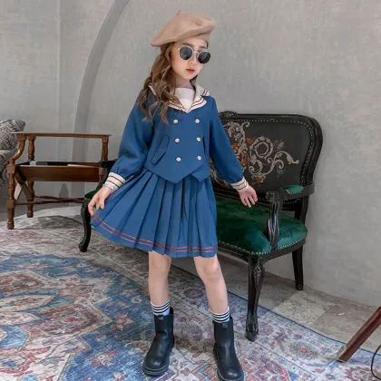 Autumn lapel long-sleeved shirt girls clothing suit blue pleated skirt girls 2 piece clothing sets