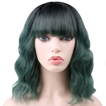 Wholesale Cheap Ombre Deep Green Curly Short Synthetic Bob Wigs With Bang Heat Resistant Synthetice Curly Wigs for Women Cosplay