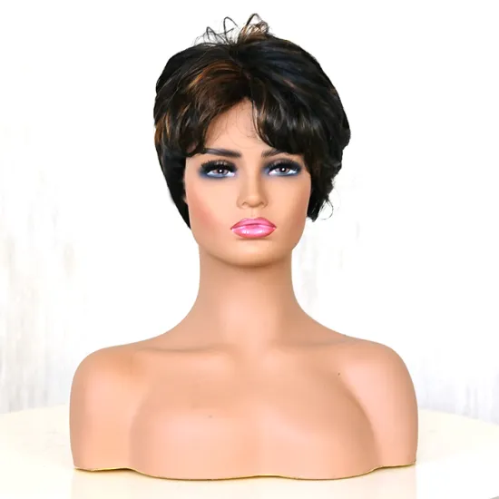 2021 Amazon Pixie Cut Synthetic Wig Brown Blend Black Short Wig with Bangs Wavy Highlight Wigs for African American Natural Hair