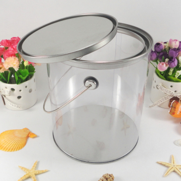 clear plastic and tin lid custom round chocolate bucket with handle