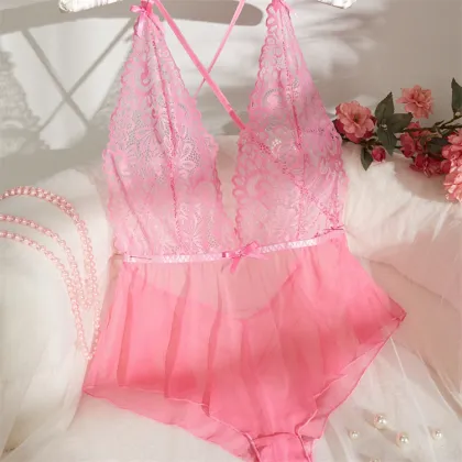 New Pink Tender Girl Sexy V-Neck Beautiful Back Mesh One-Piece Lingerie