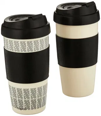 Reusable Set 2 Insulated Double Wall 16-Ounce White Black Travel Mugs