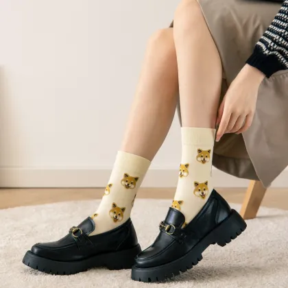 Animal Embroidered Socks Little Bear Spotted Blue Style
