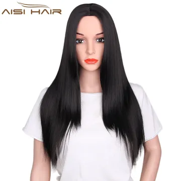Good Quality Heat Resistant Fiber Wigs For Women Long Silky Straight Style Synthetic Black Color Wigs