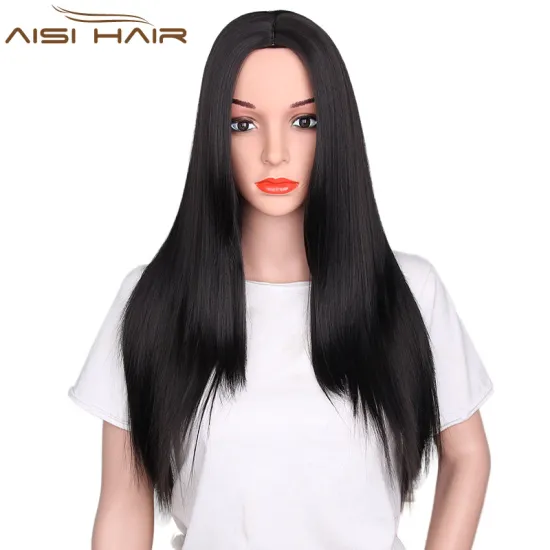 Good Quality Heat Resistant Fiber Wigs For Women Long Silky Straight Style Synthetic Black Color Wigs