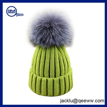2017 Womens Girls Knitted Fur Hat Real Large Silver Fur Pom Pom Beanie Hats