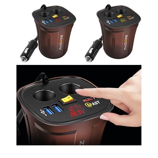 Car Cigarette Lighter Socket Plug Dual USB Car Charger Cup Holder Charger 12v Cigarette Lighter Plug Led Voltmeter Temperature