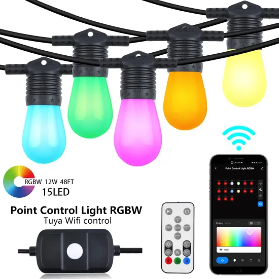 Tuya WiFi & BLE Smart RGBW String Lights - 48FT 15 Bulbs Party Holiday Point Control