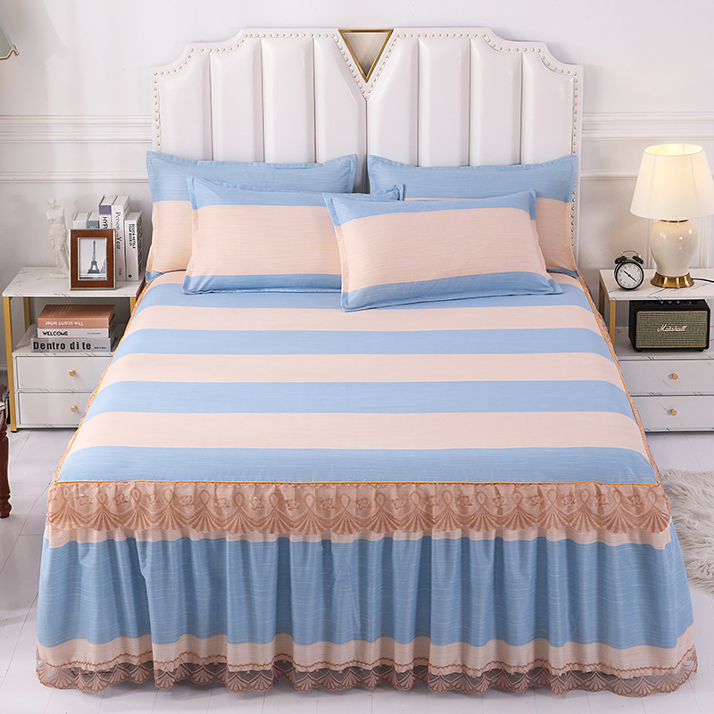 European and American Style Solid Color Polyester Bed Set with Bed Skirt and Pillow Cases